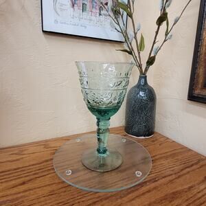 Mikasa Tender Leaves Wine / Water Goblets. Two Green MCM Pressed Glass; 7.5"